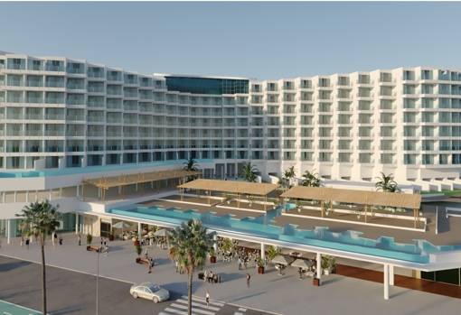 Recreaci&oacute;n virtual de c&oacute;mo quedar&aacute; el hotel de cuatro estrellas y el centro comercial que actualmente construye Grupo Q en la antigua Residencia de Tiempo Libre de C&aacute;diz