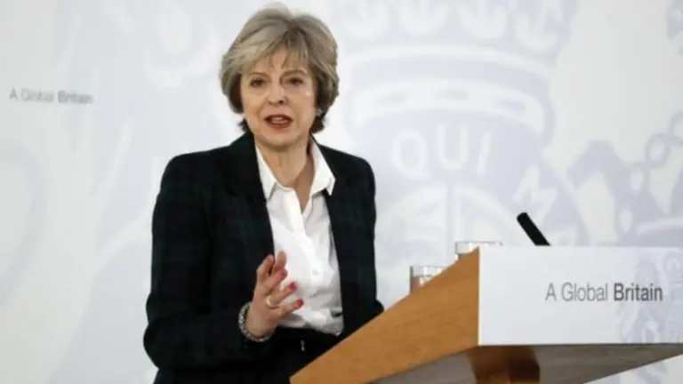 Prime Minister Theresa May speaking at Lancaster House in London
