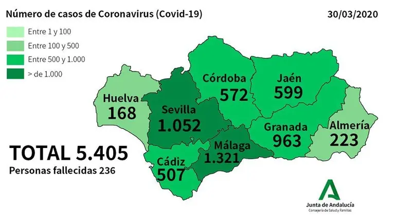 Mapa del coronavirus en Andaluc&iacute;a.